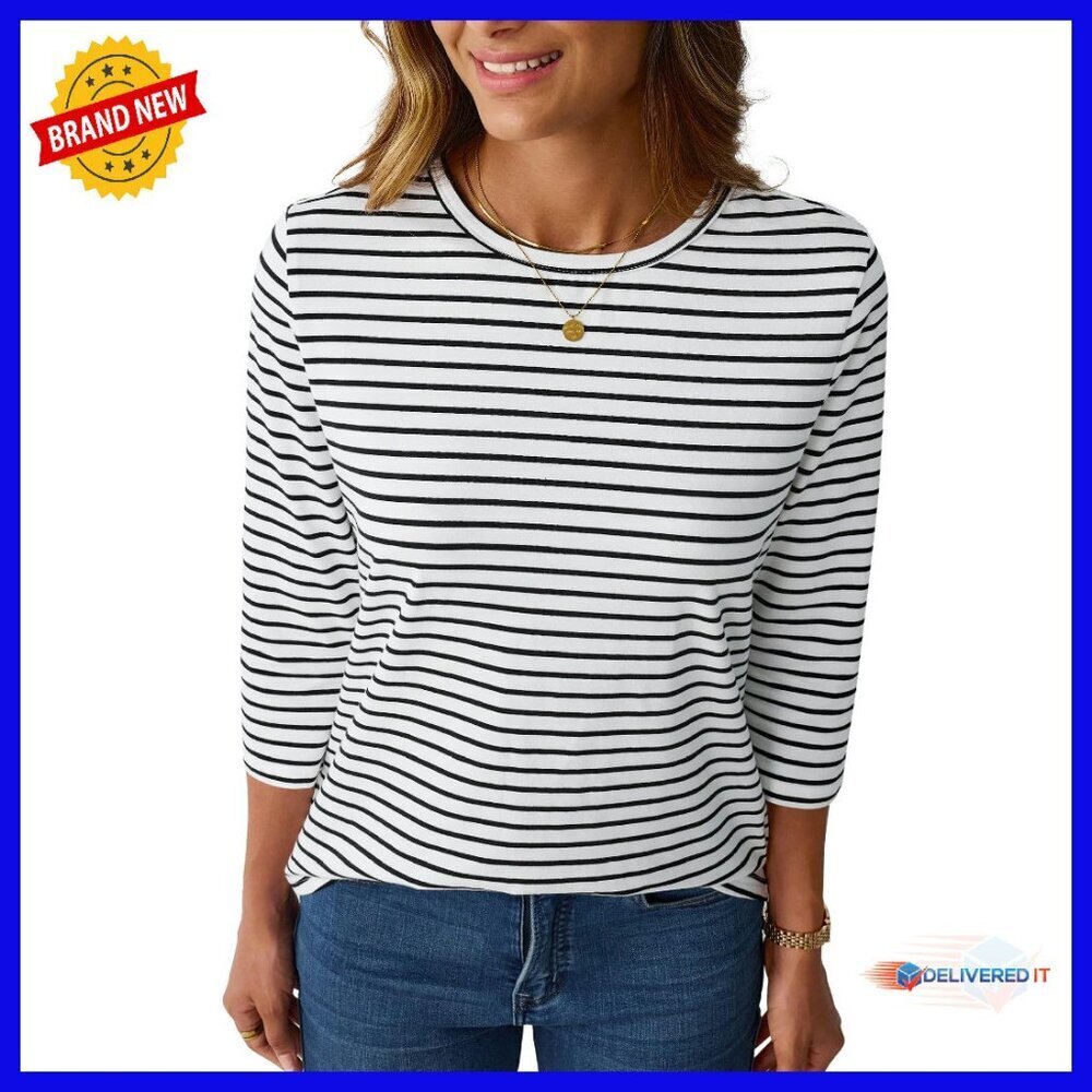 Women's 3/4 Sleeve Boatneck Striped Cotton Tee Loose Fit T-Shirt